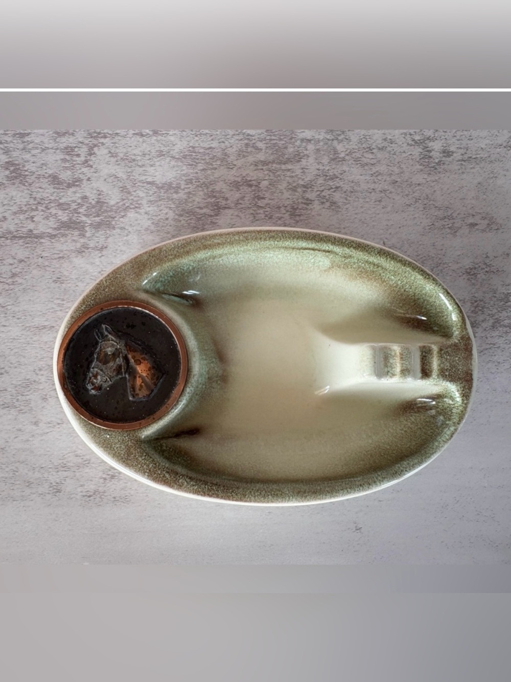 Roseville Hyde Park Ceramic Ashtray No. 1945-Oval Copper Horse Silhouette